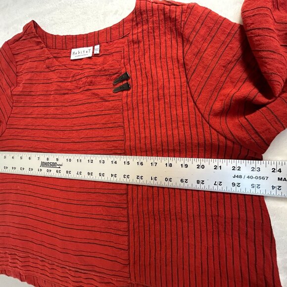 Habitat Womens Red Striped Artsy Asymmetrical Top Blouse Large 3/4 Sleeve Button - Picture 7 of 8
